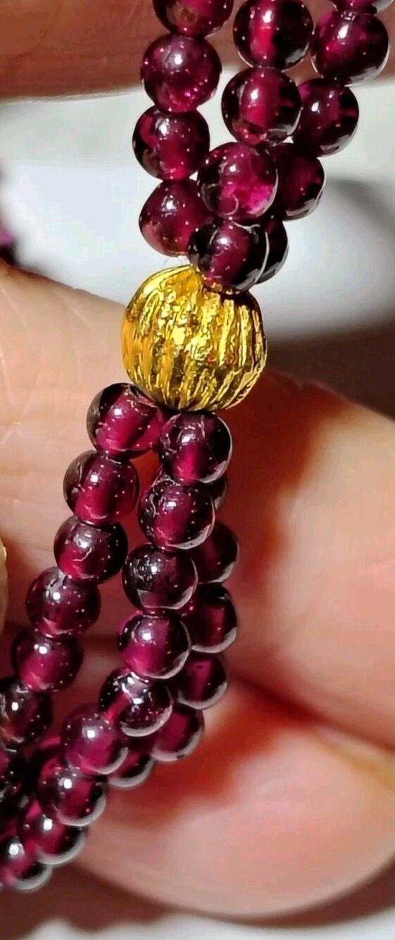 Genuine Natural Garnet Multi Strand Bracelet Gold Beads 7.5” Elegant Wine Red
